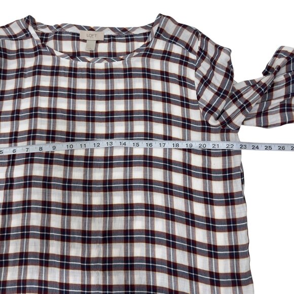 LOFT Outlet Pullover Plaid Long-Sleeve Rayon Blouse SZ L White & Multicolor - Picture 4 of 10